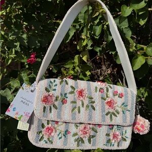 NWT Made in India Floral Coquette Pastel Pink Blue Striped Beaded Shoulder Bag